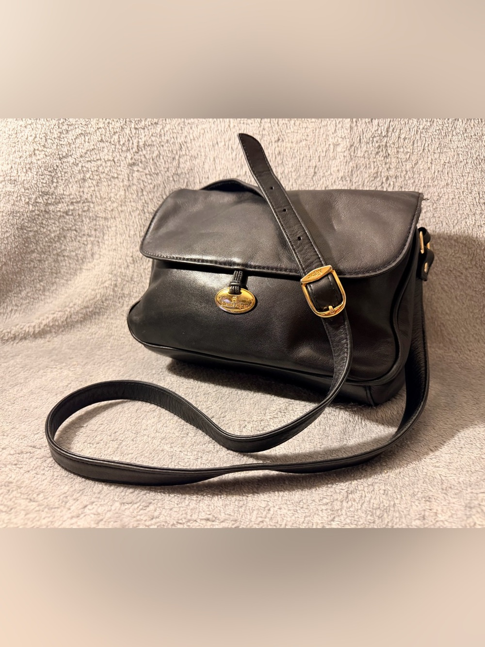 Etienne Aigner Black Leather Crossbody with Gold Accent